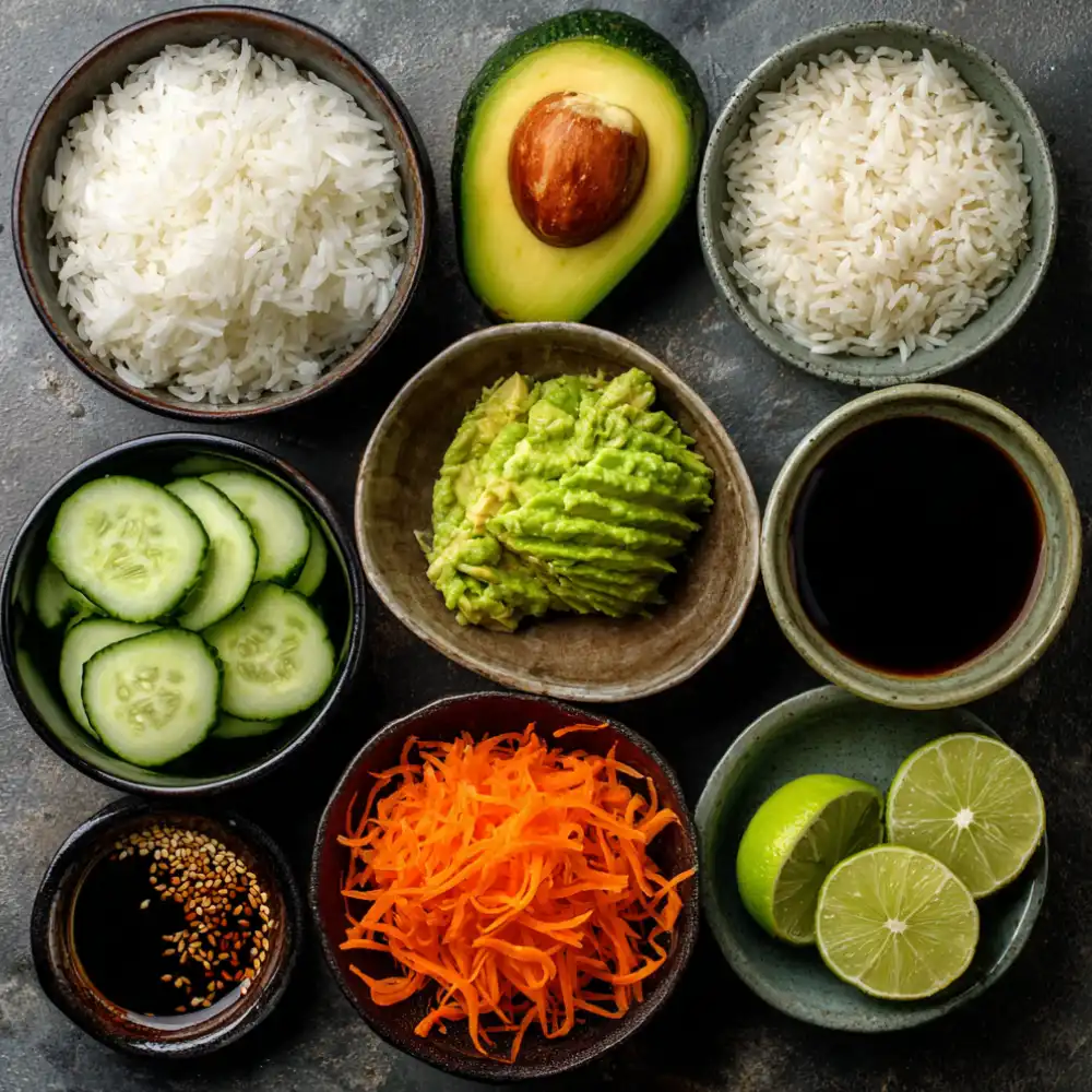 Flat lay of fresh ingredients for avocado rice bowl