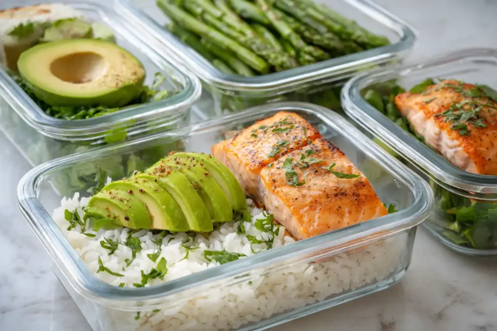 Meal prep containers filled with salmon avocado rice bowls