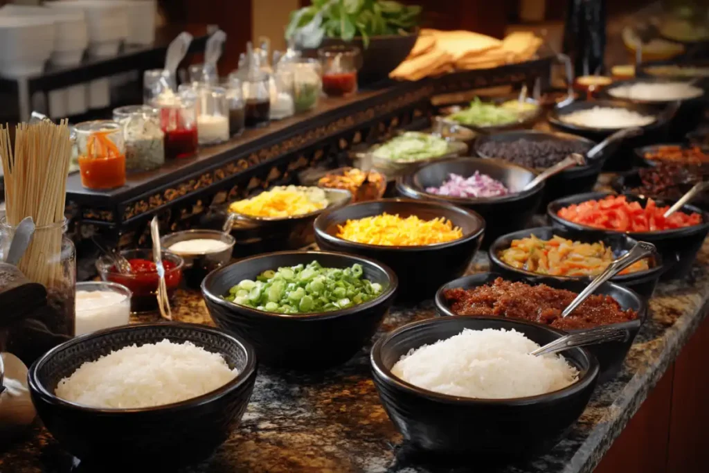 Build-your-own salmon avocado rice bowl bar setup