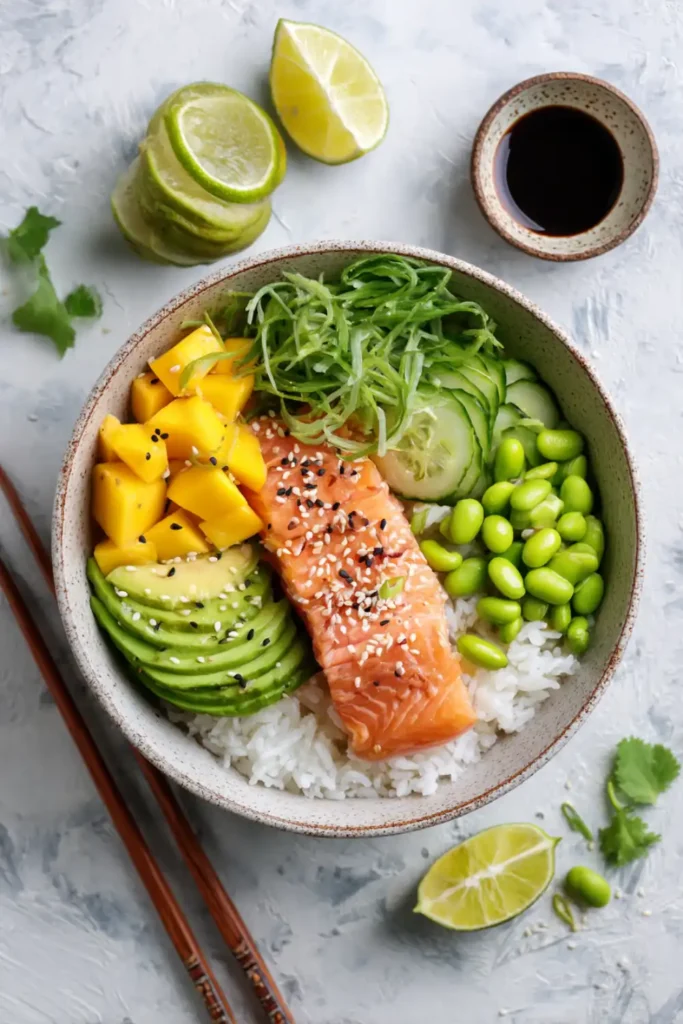 Pinterest pin for salmon and avocado rice bowl with health benefits and recipe tips