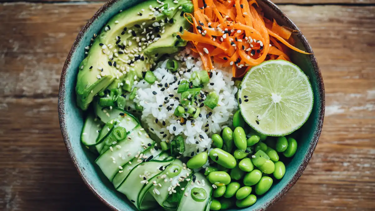 Avocado rice bowl with edamame, carrots, and cucumber on a wooden table