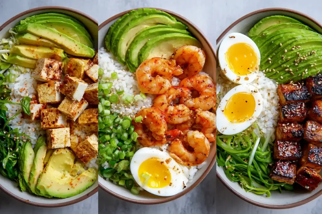Three avocado rice bowls with different toppings
