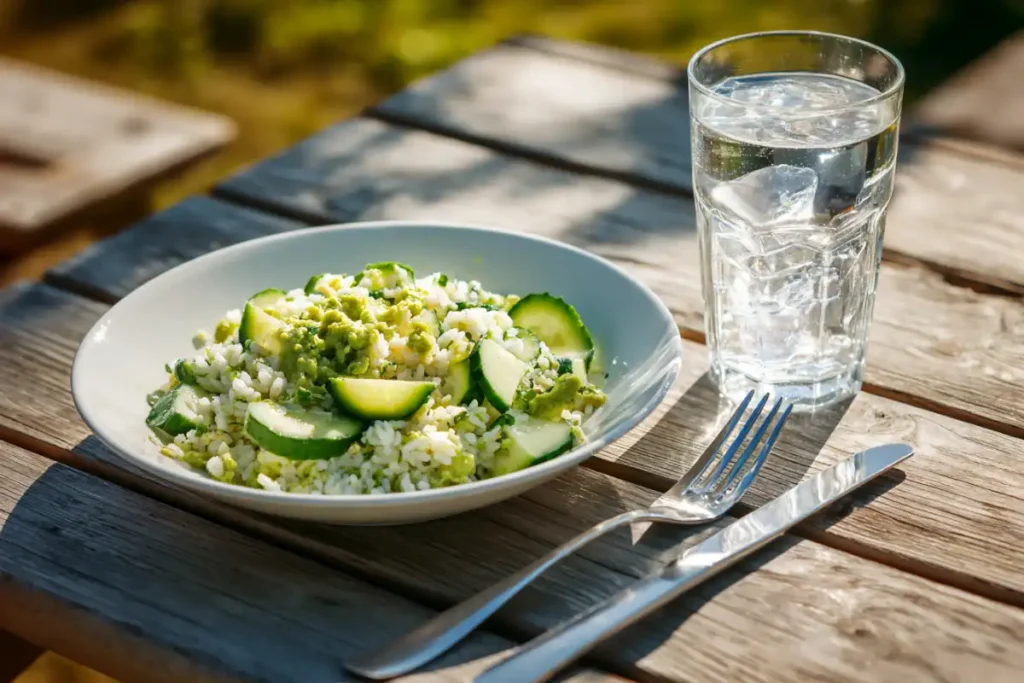 Chilled avocado rice bowl served outdoors