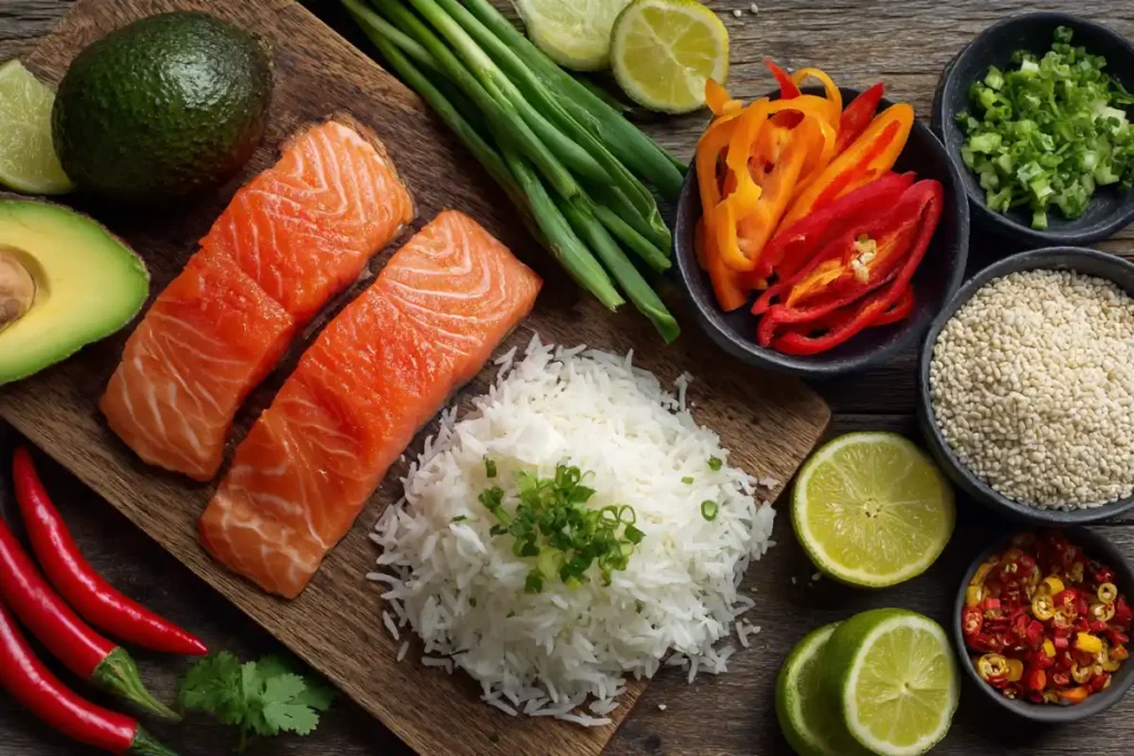 Fresh ingredients for making a salmon and avocado rice bowl