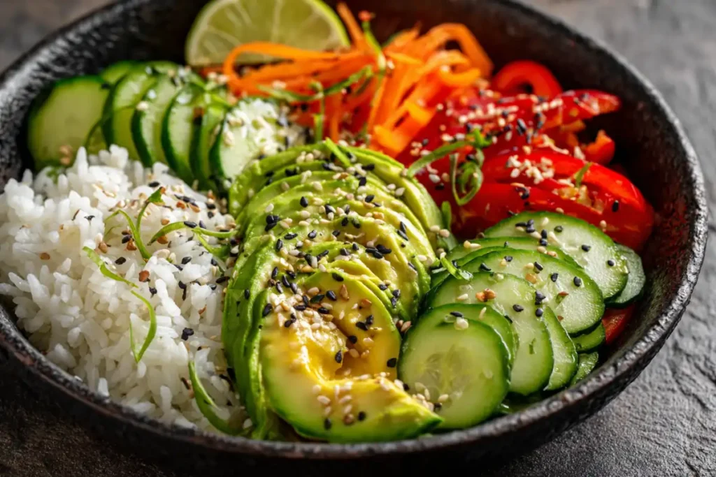 Close-up of a colorful avocado rice bowl with topping