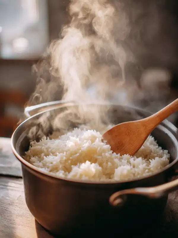 Steaming jasmine rice being fluffed with a wooden fork