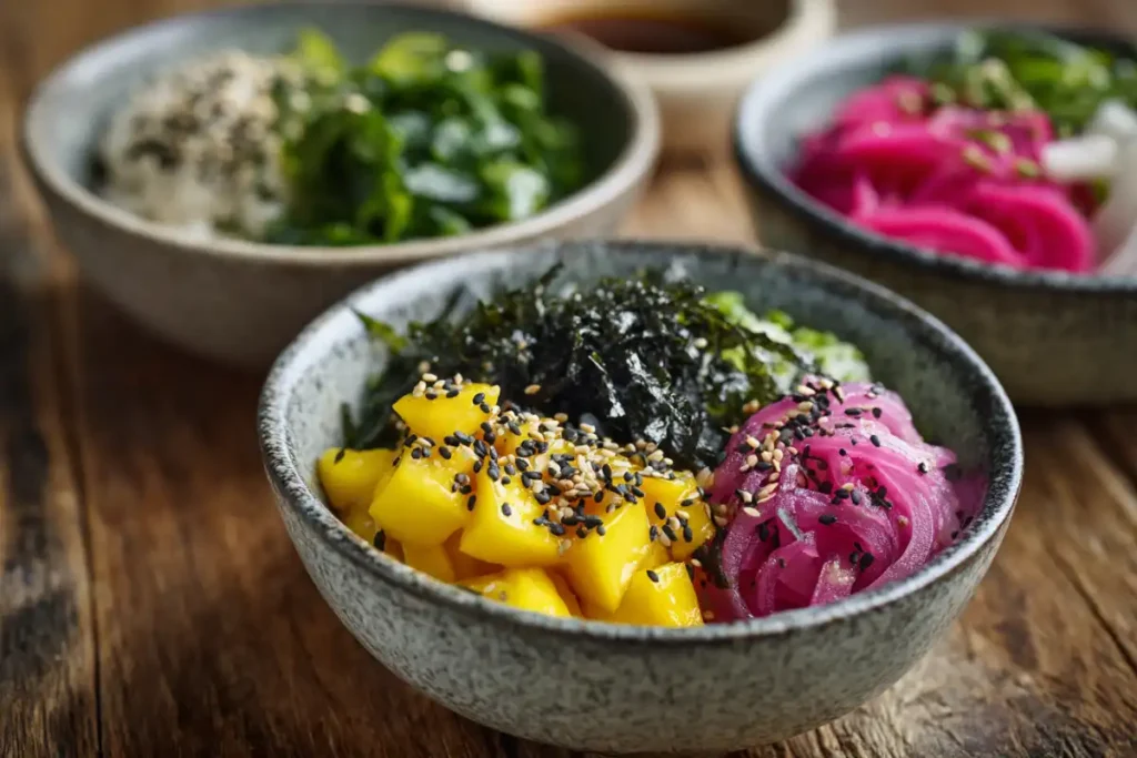 Close-up of toppings for salmon avocado bowl