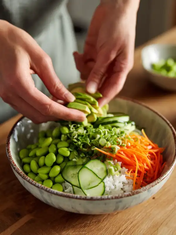 Hands assembling avocado rice bowl with toppings