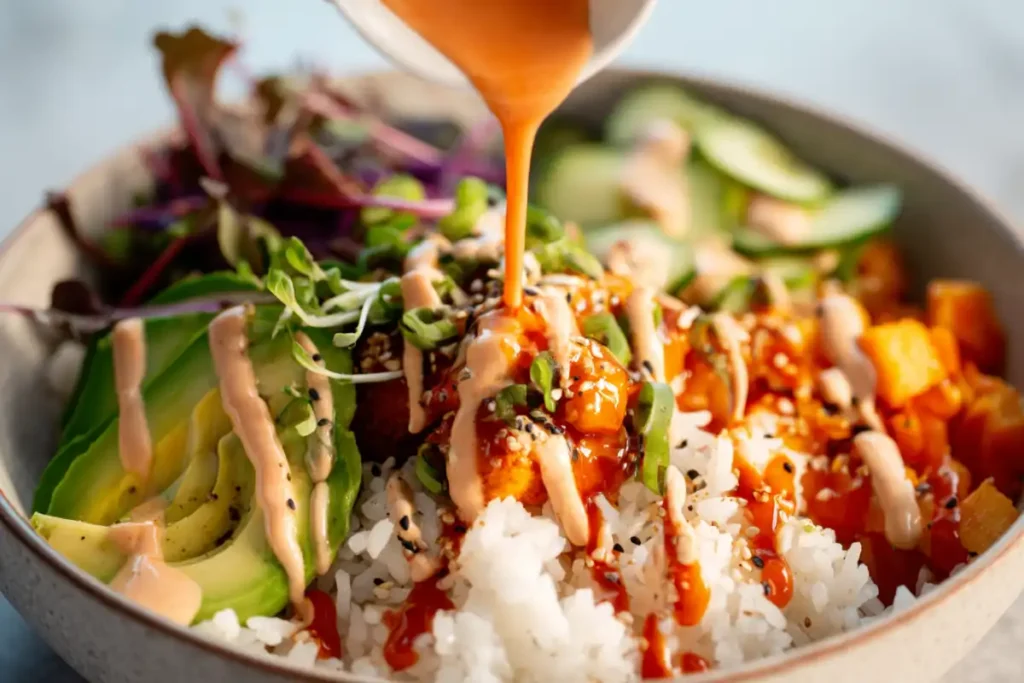 Drizzling spicy mayo over a salmon rice bowl
