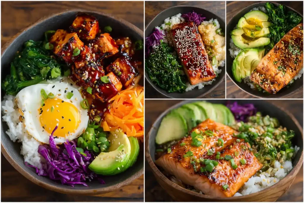 Five different variations of salmon avocado rice bowls