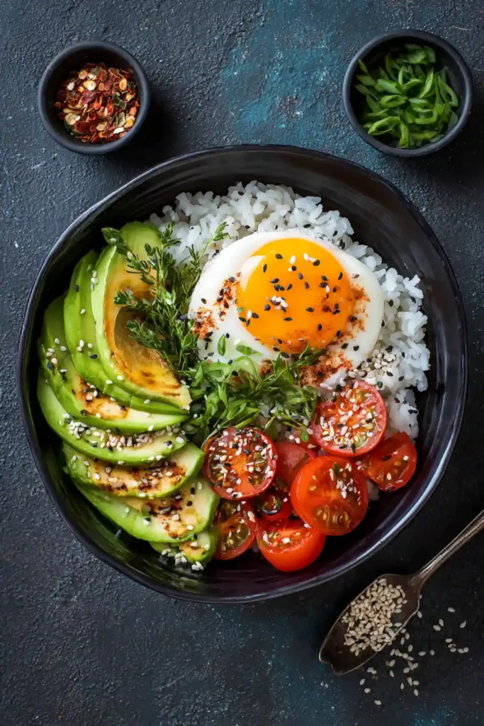 Easy Summer Avocado Rice Bowl with ingredients
