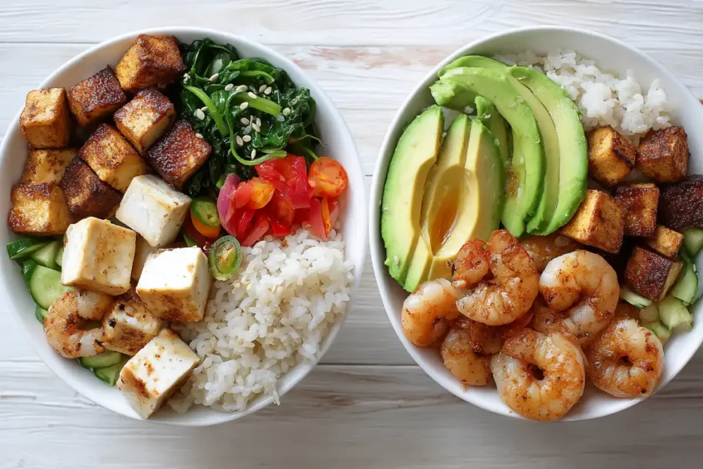 Vegan and pescatarian salmon bowl alternatives