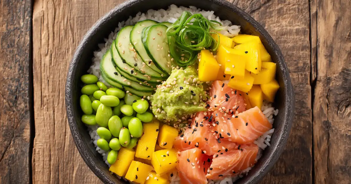 A vibrant salmon and avocado rice bowl with vegetables and sauce