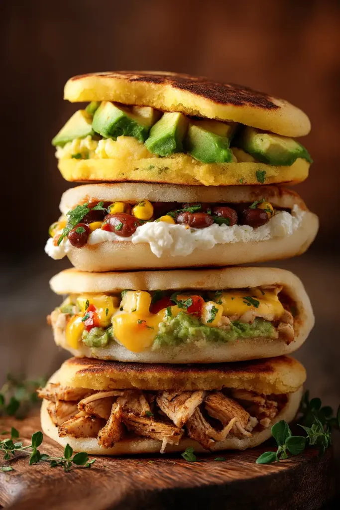 Stack of traditional Venezuelan arepas with authentic fillings like avocado, beans, cheese, and shredded chicken