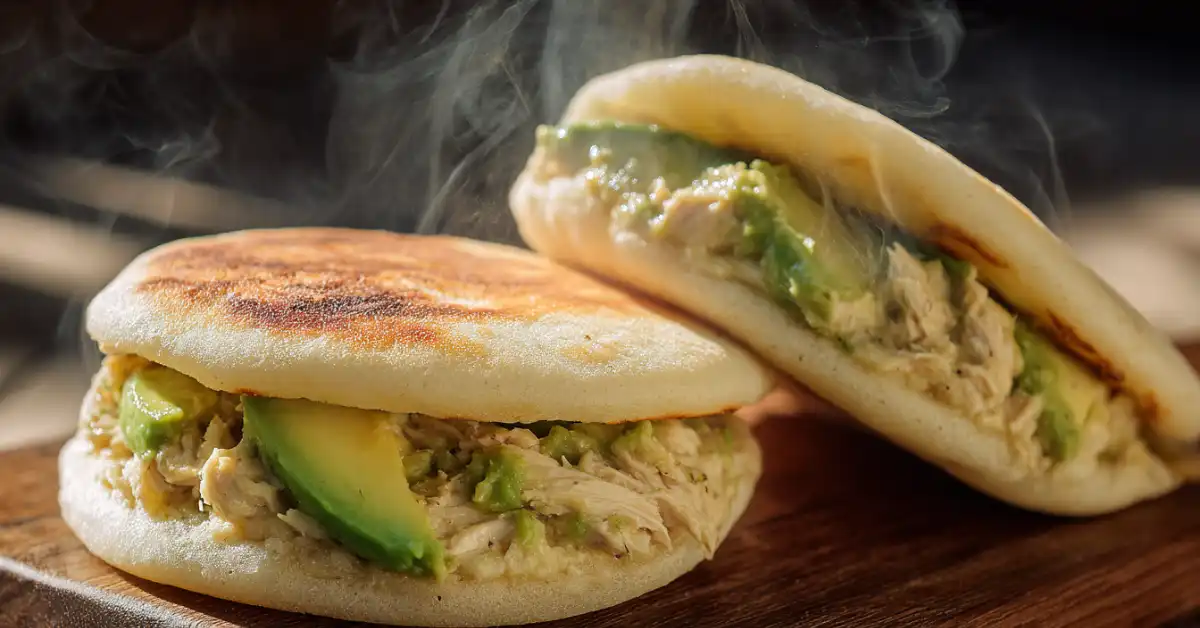 Featured close-up of a hot Reina Pepiada arepa venezolana
