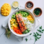 Tasty-style recipe card featuring a salmon and avocado rice bowl