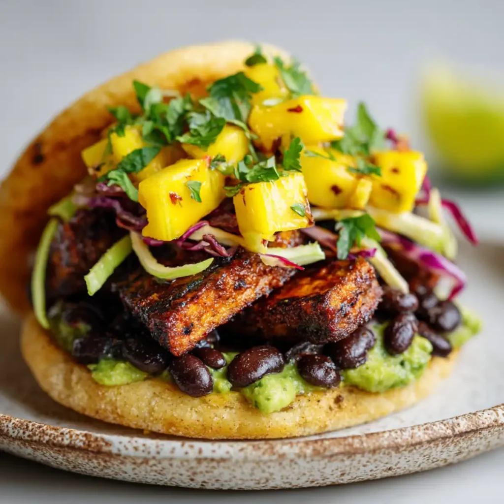 Vegan arepa with avocado, black beans, and tempeh