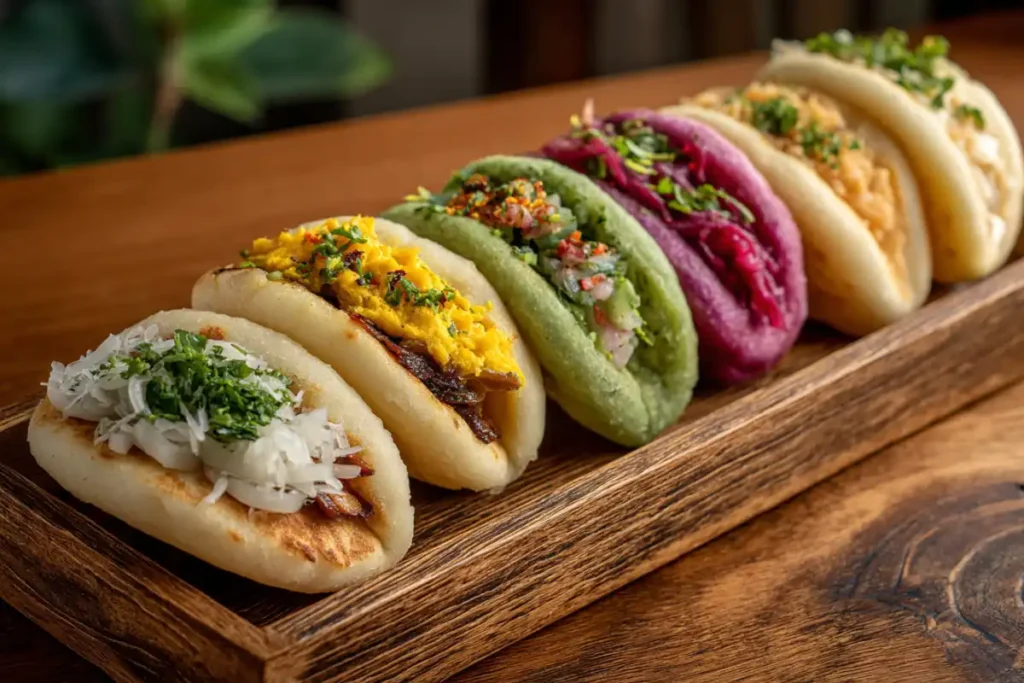 Assorted Venezuelan arepas with traditional fillings