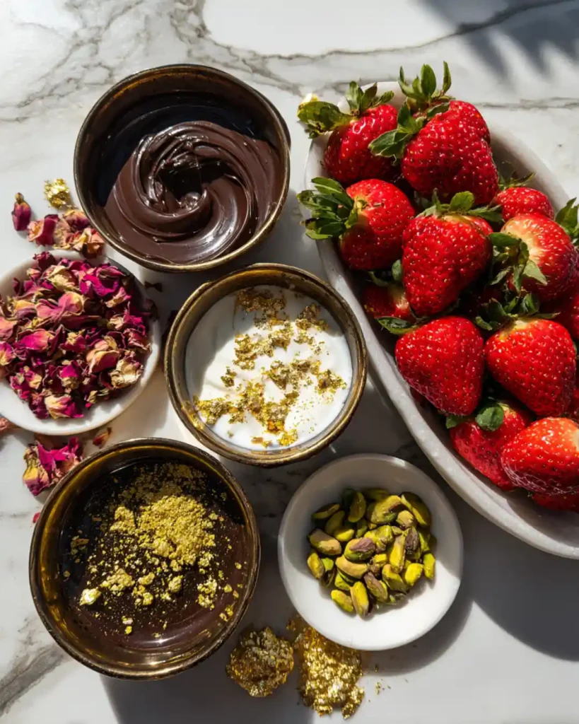 Ingredients for Dubai chocolate strawberries with rose and pistachios