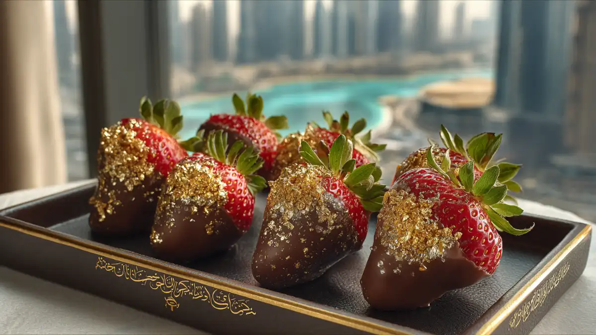 Dubai chocolate strawberries with gold flakes on velvet tray