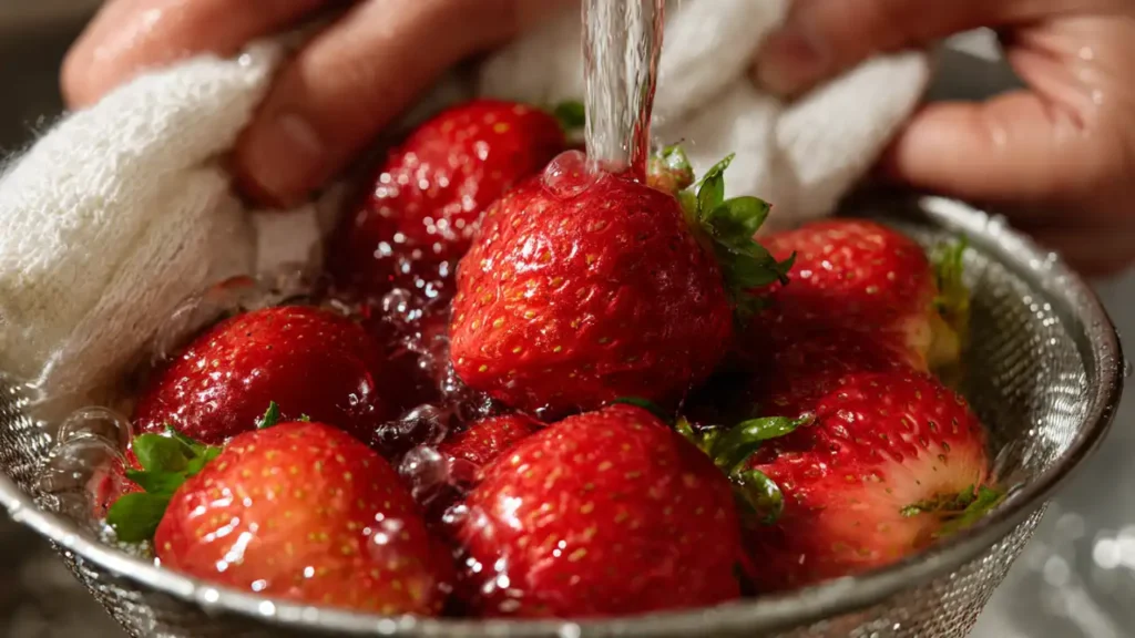 Washing and drying strawberries for chocolate coating
