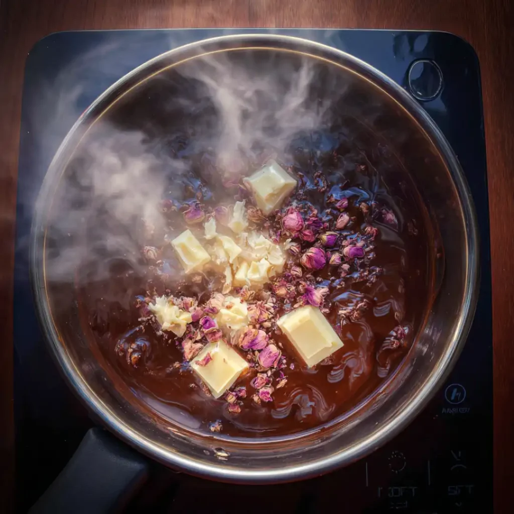 Melting chocolate with rose essence for Dubai strawberries