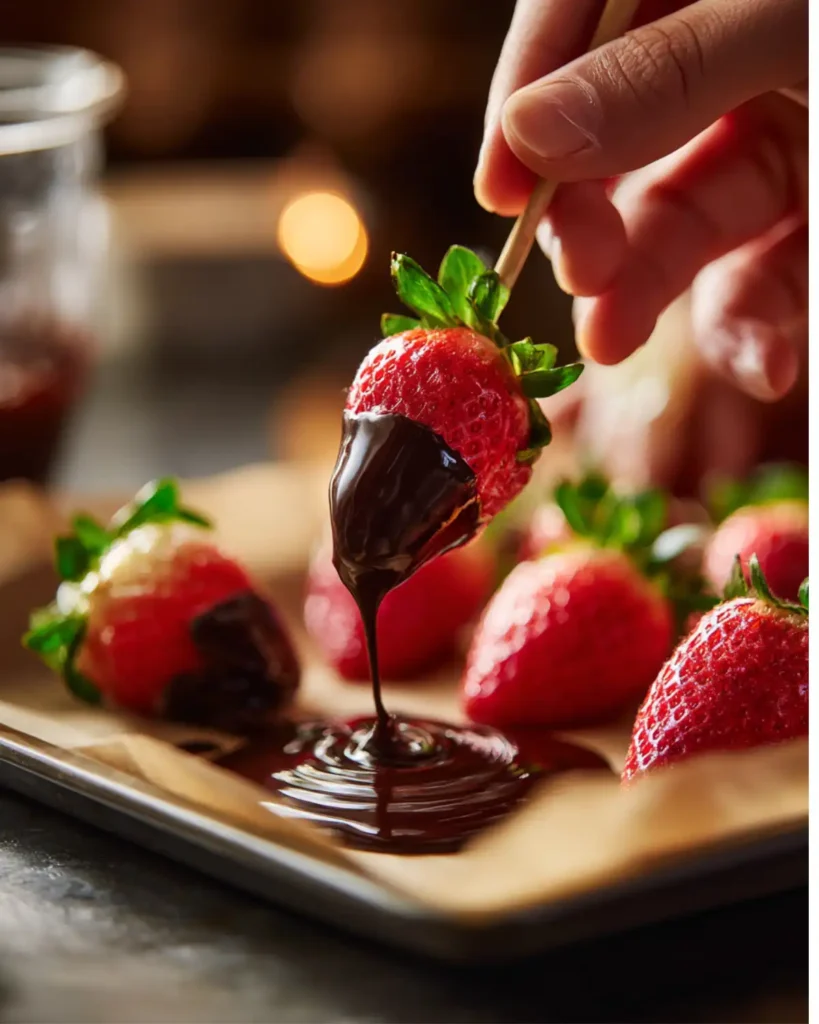 Dipping strawberries into gourmet melted chocolate