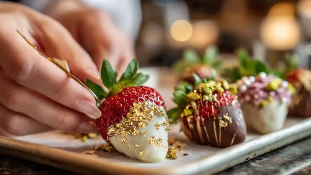 Decorating chocolate strawberries with edible gold and pistachios