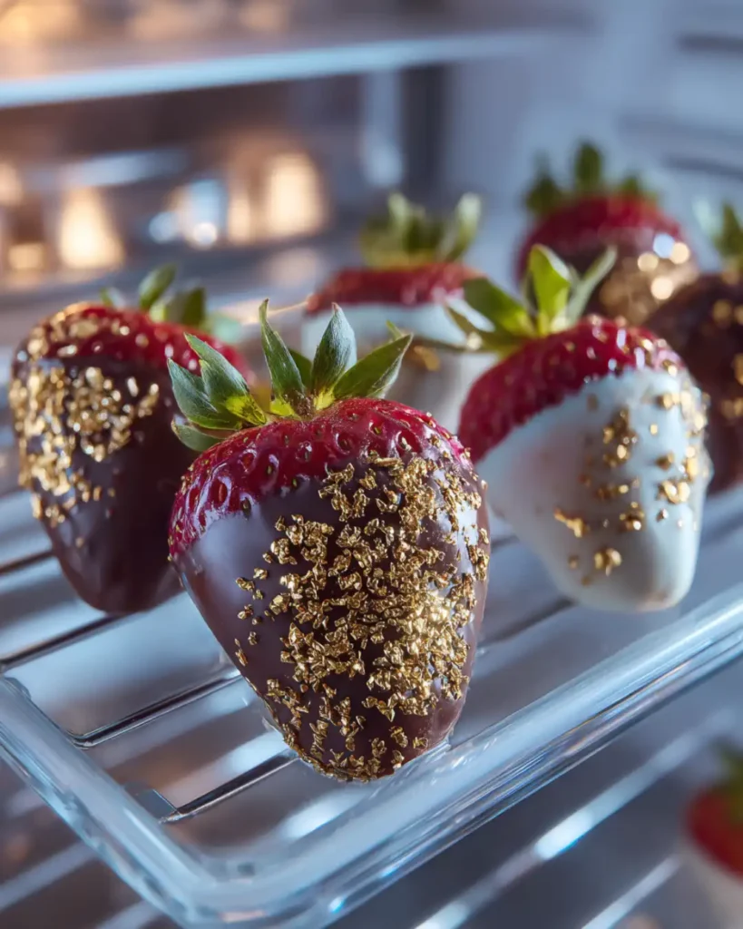 Chilling luxury chocolate strawberries in fridge