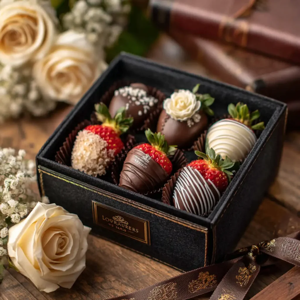 Gift box with luxury Dubai chocolate strawberries and ribbon