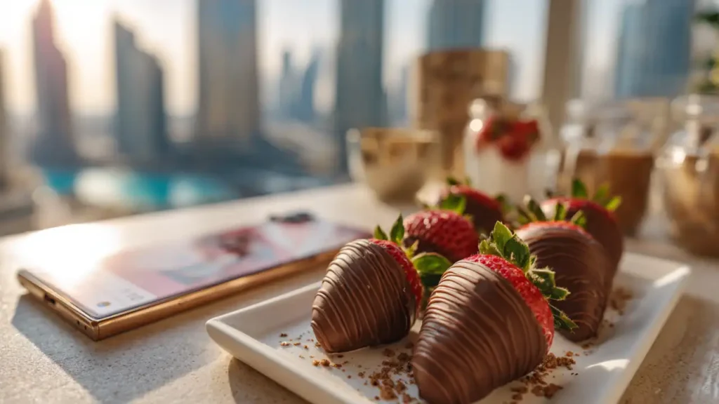 Viral chocolate strawberries styled for Instagram in Dubai
