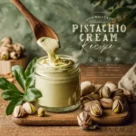 beautifully styled recipe card for homemade pistachio cream featuring a glass jar of vibrant green pistachio cream