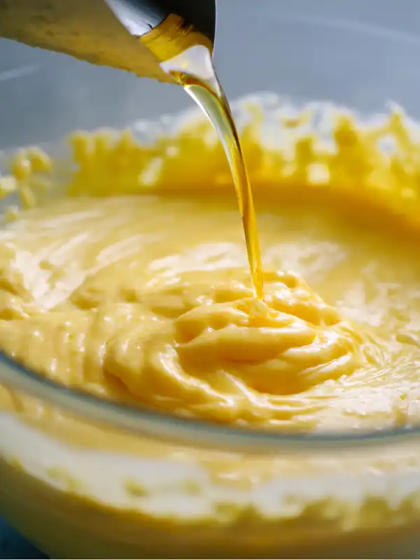 Slowly pouring oil into egg mixture to emulsify Kewpie mayo