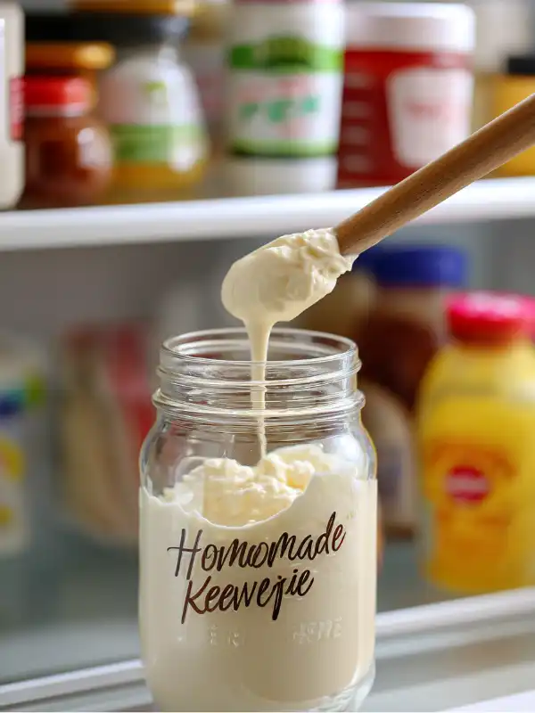 Transferring homemade Kewpie mayo to a jar for refrigeration