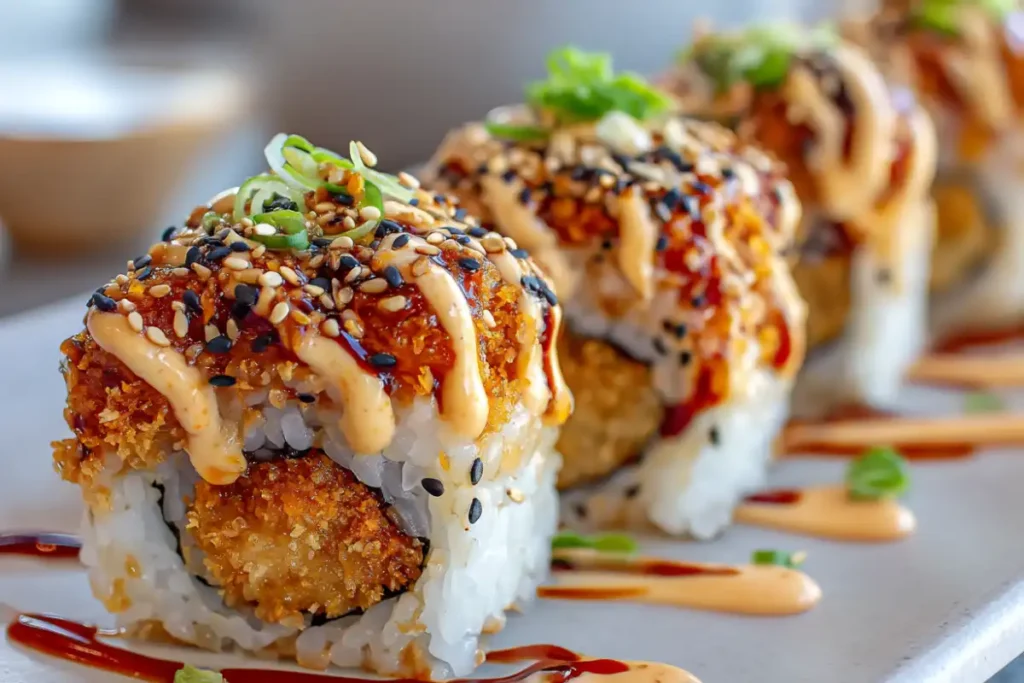 Sushi rolls drizzled with spicy Japanese Kewpie mayo