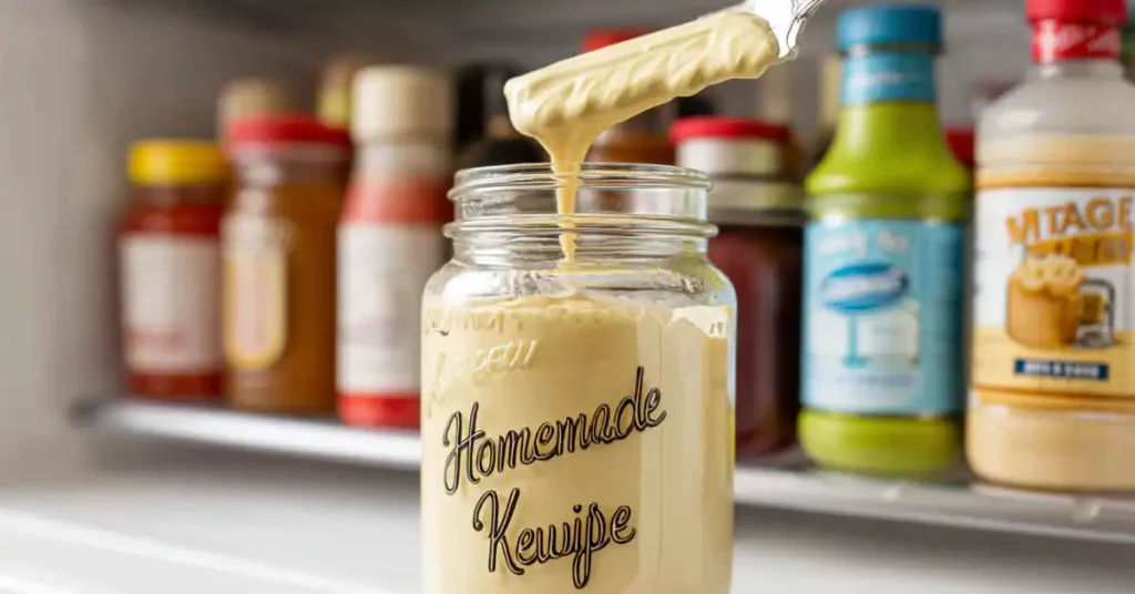 Homemade Japanese Kewpie mayo Recipe in a glass jar with ingredients