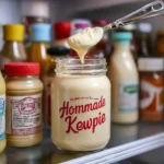 Jar of homemade Kewpie mayonnaise with spoon, placed in refrigerator among other condiments