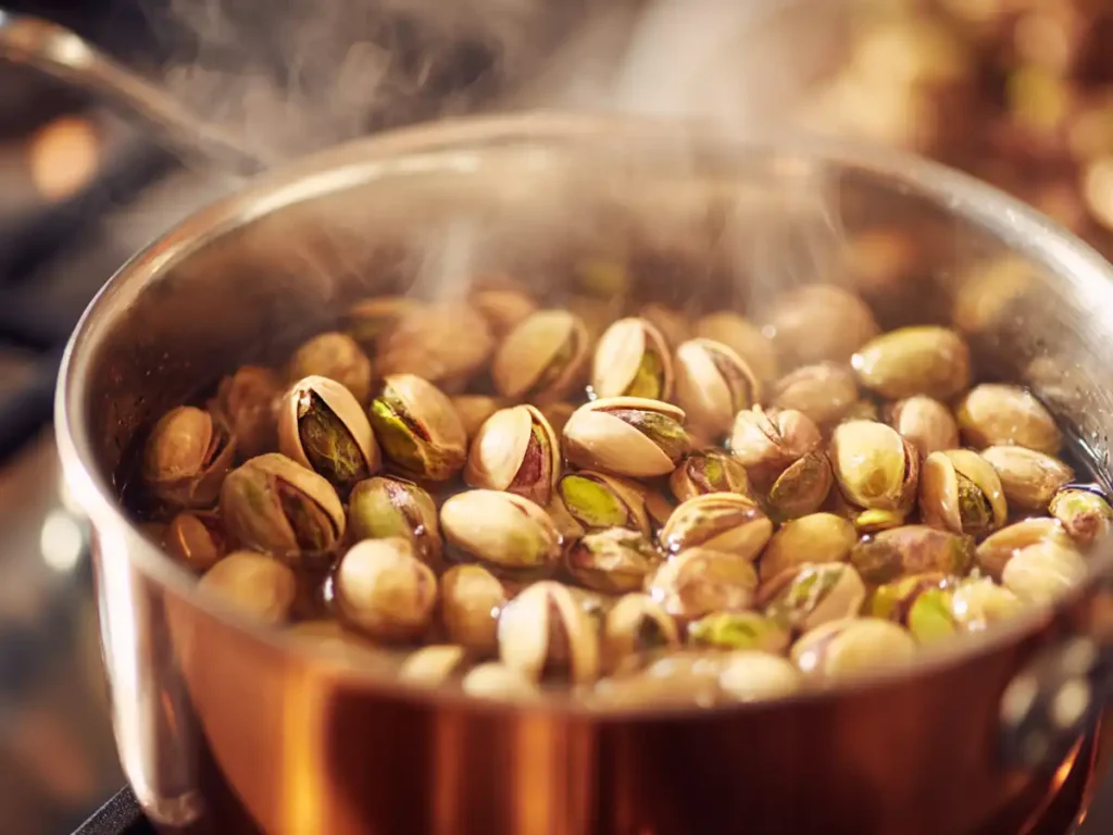 Blanching raw shelled pistachios in boiling water on stovetop