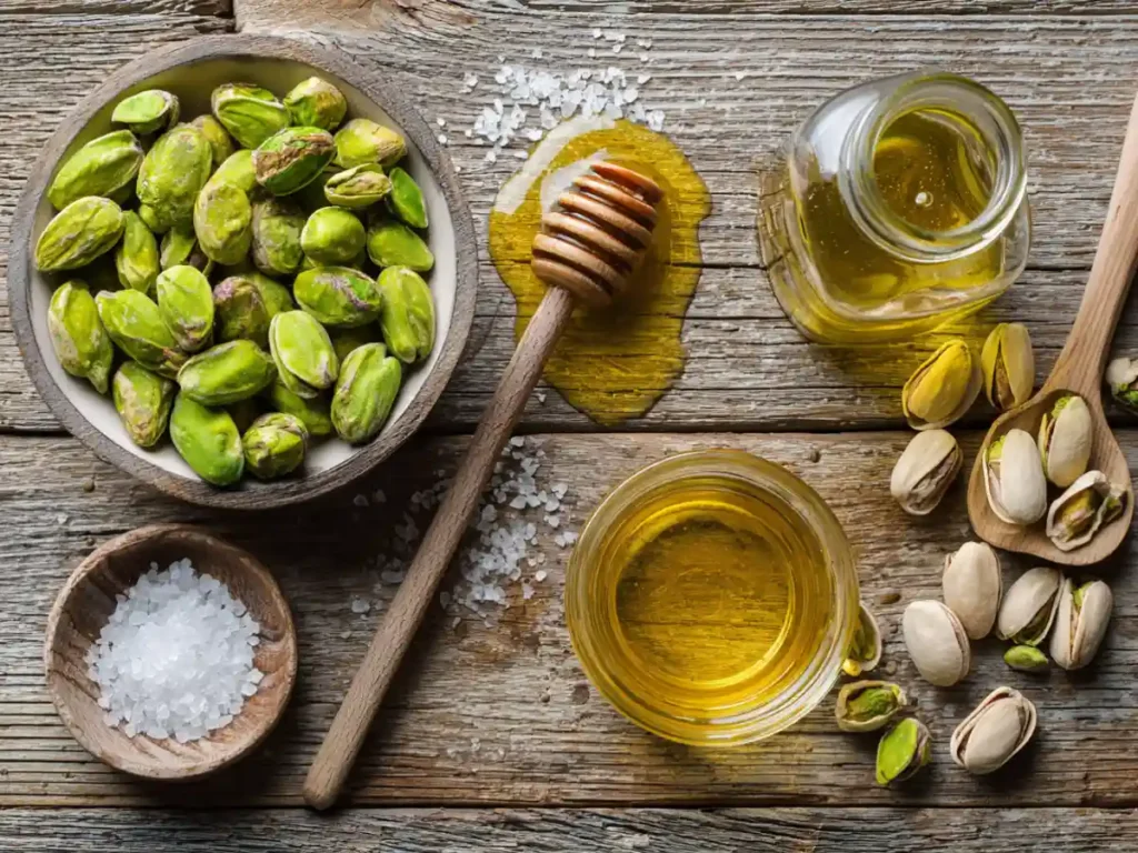 Ingredients for homemade pistachio cream including shelled pistachios, honey, olive oil, and sea salt