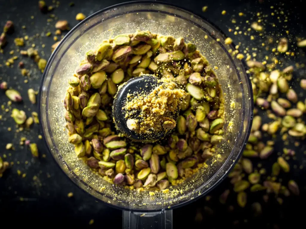 Roasted pistachios in a food processor, starting to blend for pistachio cream
