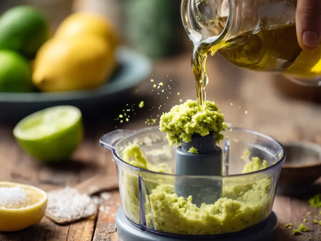 Olive oil being poured into blended pistachios for creamy pistachio cream