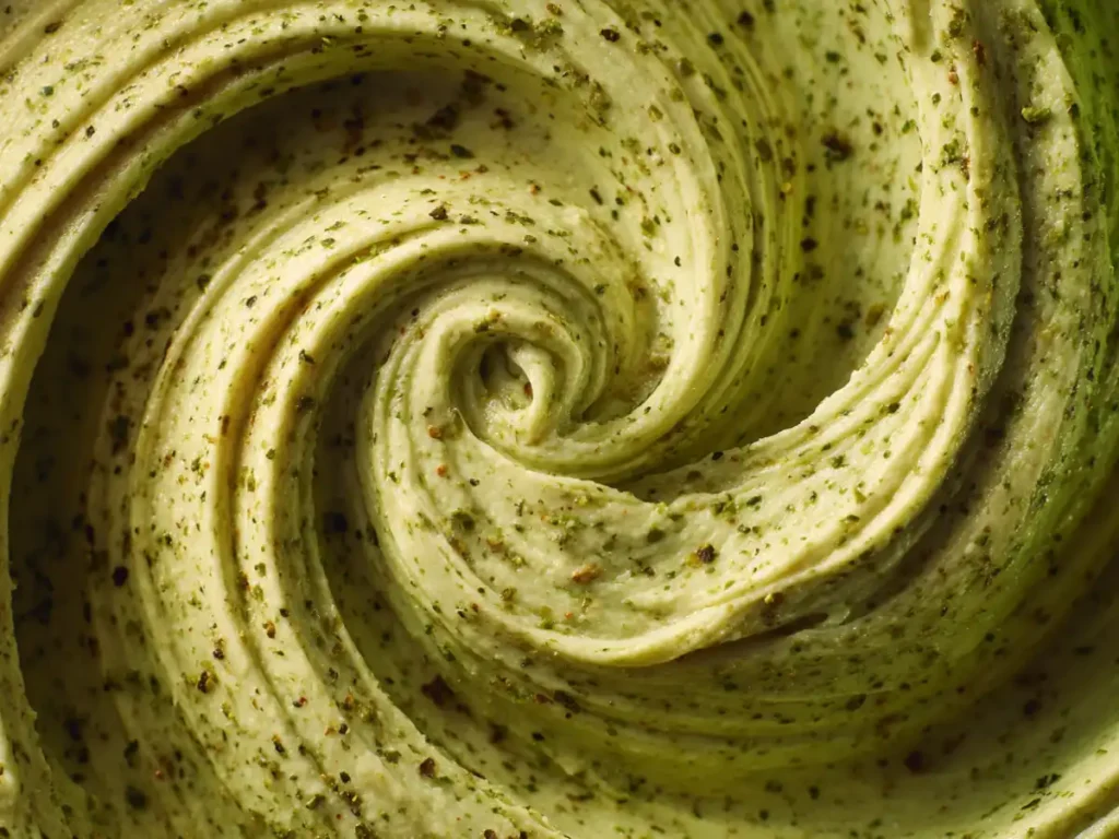 Close-up swirl of creamy homemade pistachio cream