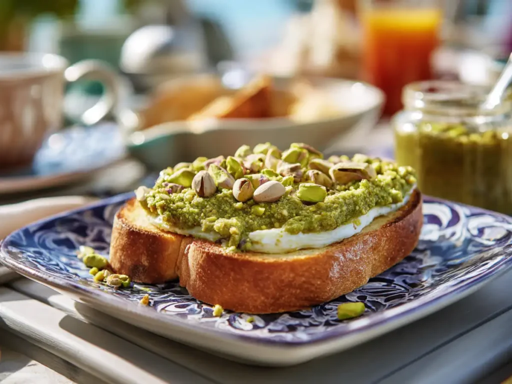 Pistachio cream spread on toast with ricotta and crushed pistachios