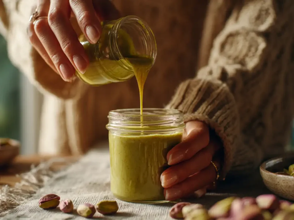 Freshly made pistachio cream being poured into a glass storage jar