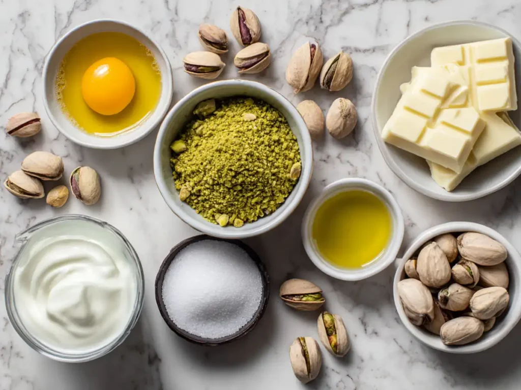Ingredients for pistachio cream including pistachios, sugar, and white chocolate
