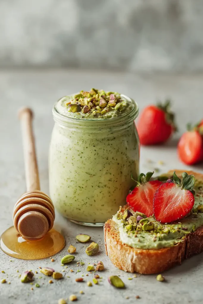 Pistachio cream spread on toast, topped with chopped pistachios and strawberries