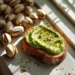 Pistachio butter spread on rustic bread with whole pistachios in sunlight