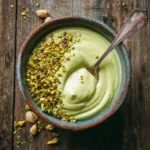 Pistachio cream in a ceramic bowl topped with crushed nuts