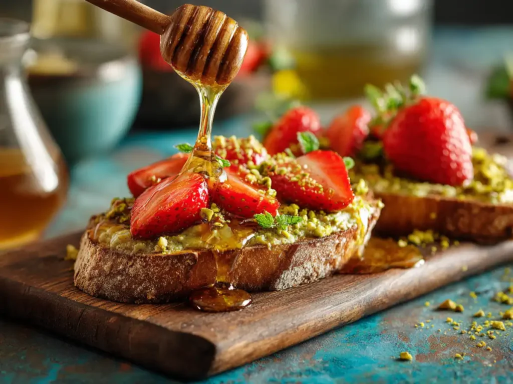 Toast with pistachio cream, strawberries, and honey being drizzled