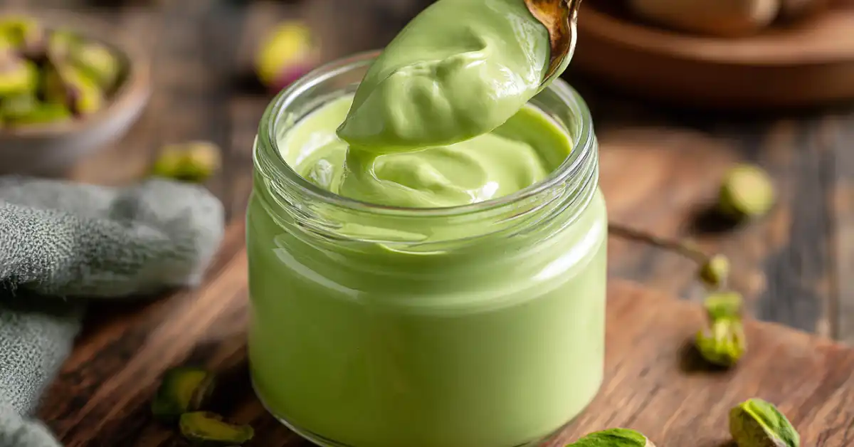 Homemade pistachio cream in a glass jar with spoon on rustic background